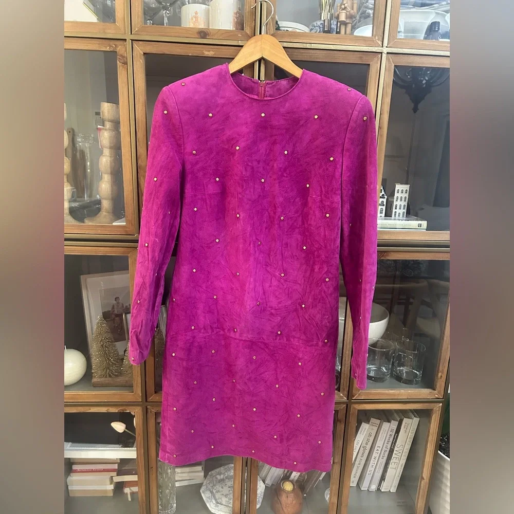 Vintage Daniel Leather Long Sleeve Fuchsia Suede Shift Dress with Stud Detail - Picture 3 of 13